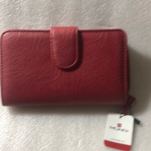 Minding burgundy wallet.